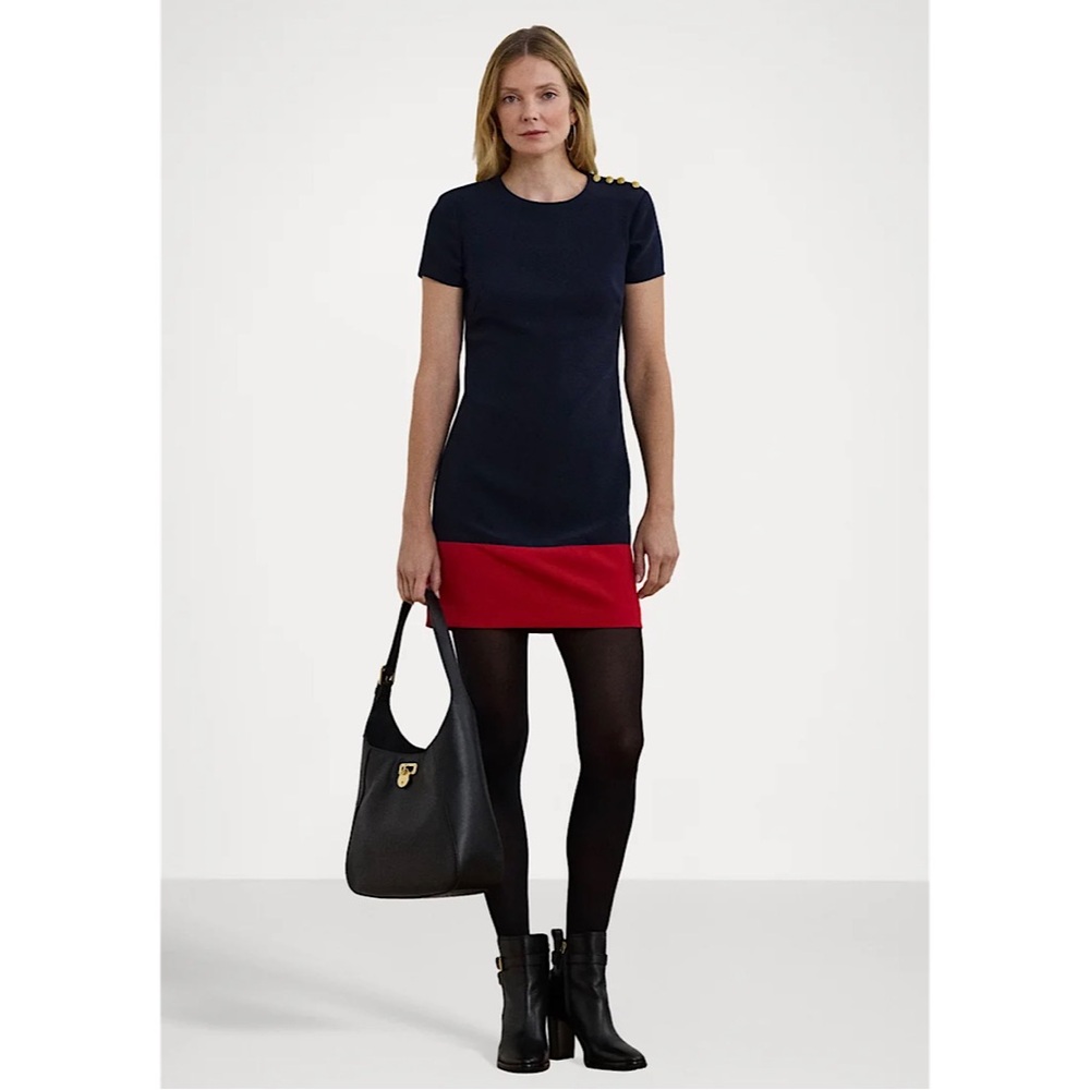 Lauren Ralph Lauren Two Tone Button Trim Crepe Shift Dress Navy Blue Red 6